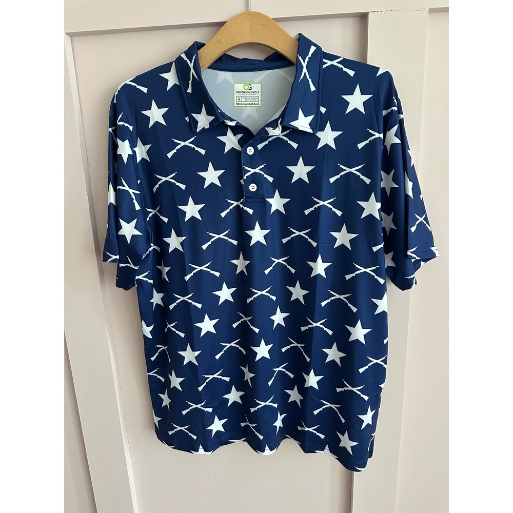 Obnoxious Golf Mens Stars and Rifles Patriotic Polo‎ Shirt Navy Blue Size M
